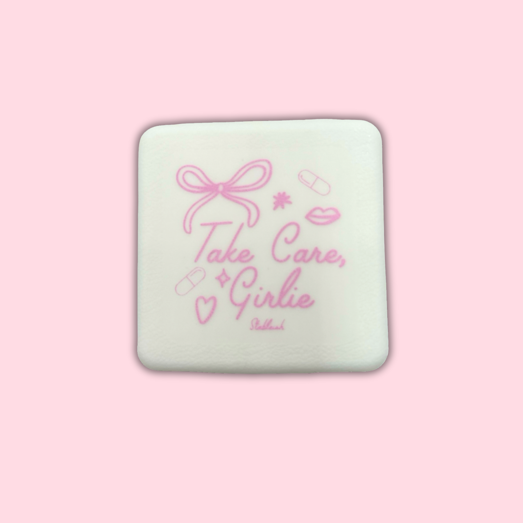 Take Care Girlie Pill Case — White & Pink Square Pill Organizer