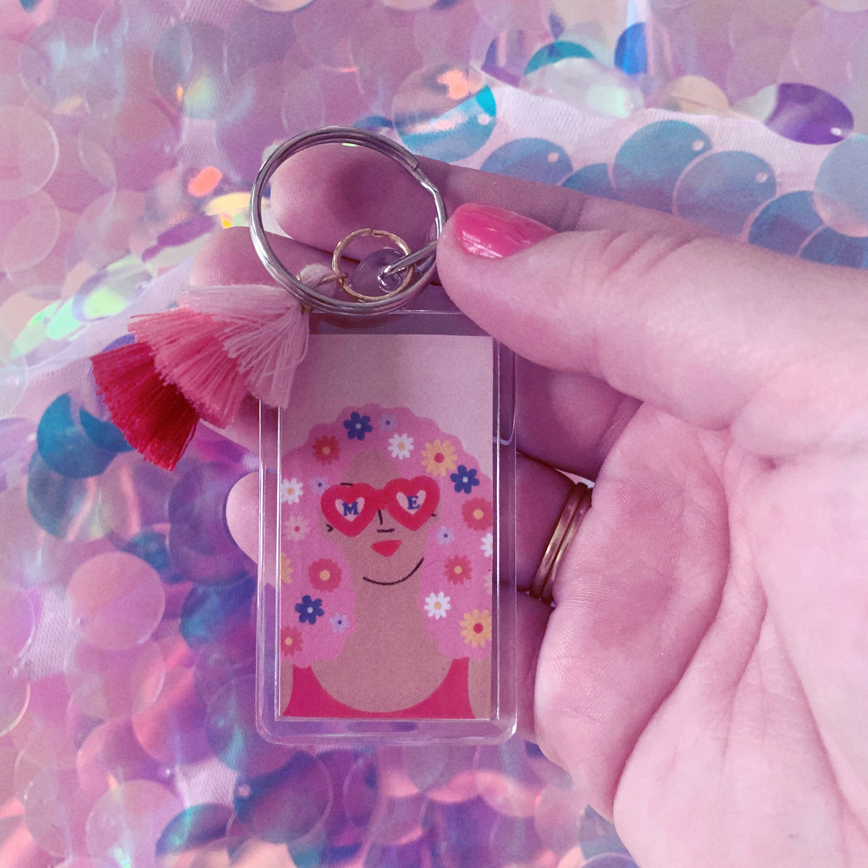 Flower Child Pink Tassel Keychain