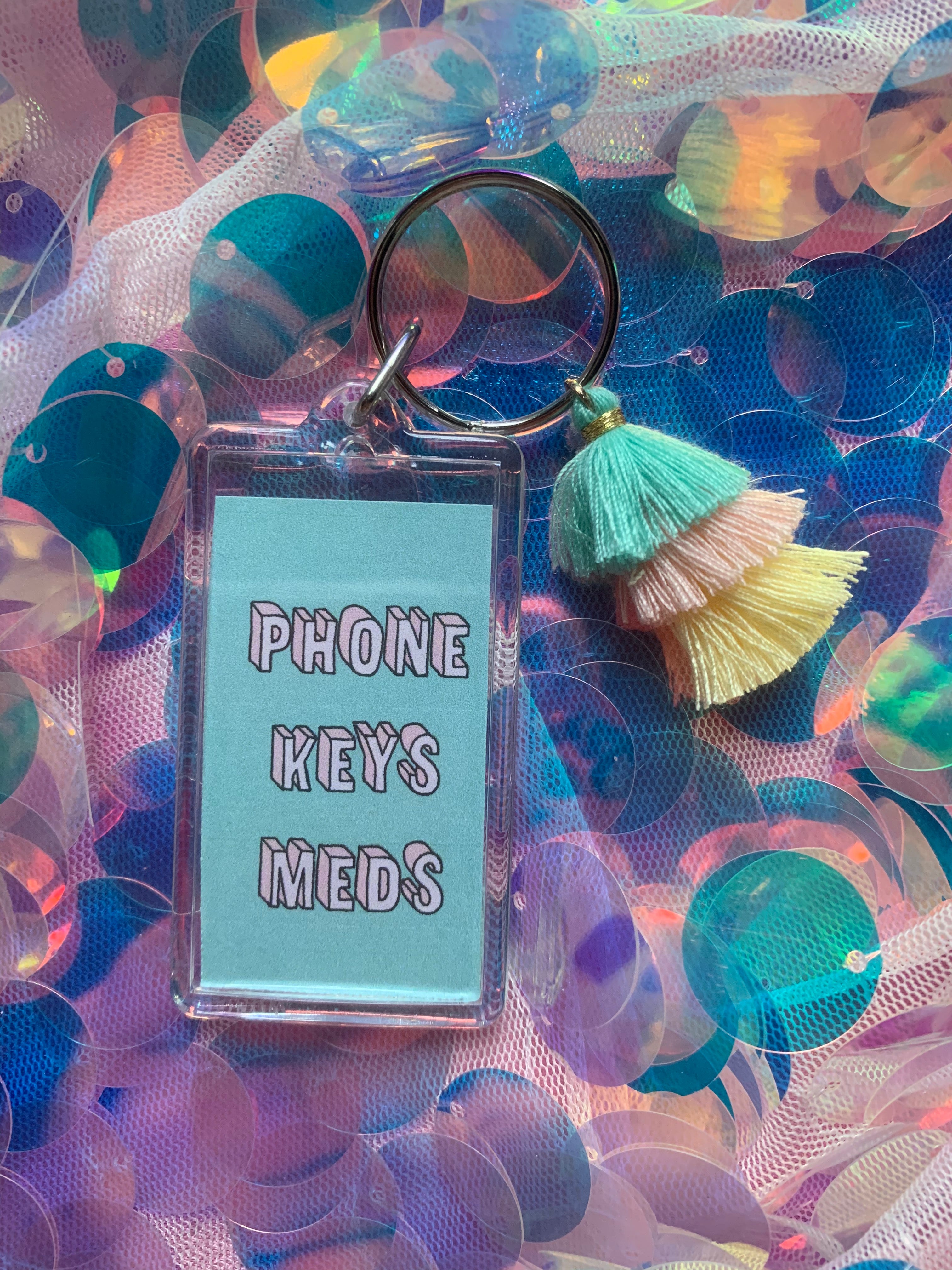 Phone Keys Meds Pink Tassel Keychain